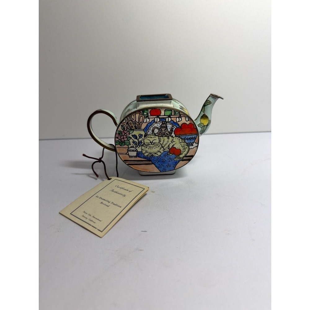 Kelvin Chen 1999 Miniature Enamel Copper Teapot No. 363 Cat on Blue Rug